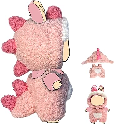 2025 New 17 cm Doll Clothes for LABUBU, Cute Plush Outfits for 17 cm Labubu Set, Keychain Accessories for Labubu Dolls, Faking Animal Style Doll Outfit Jumpsuit Pink Dinosaurs