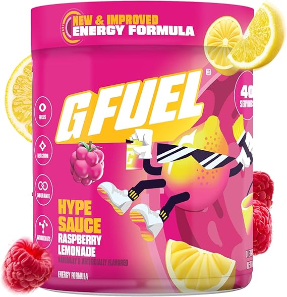 G Fuel Hype Sauce 2.0 Energy Drink Powder, Pre Workout Caffeine Mix for Gaming, Sugar Free Focus Amino, Vitamin + Antioxidants, 8.7oz (Raspberry Lemonade, 40 Servings)