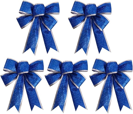 SUPVOX 5pcs/Pack Large Christmas Bow Glitter Glittering FabricGold Gift Ribbon Tree Decorations Presents Kids (Blue)
