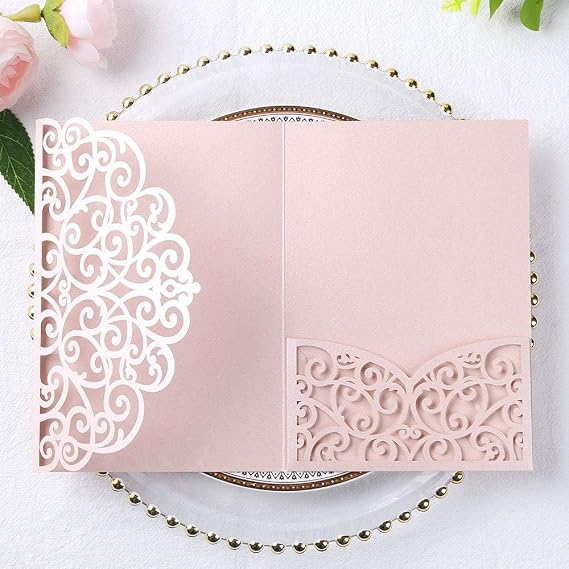 ponatia 5.12 x 7.2 Inches 20PCS Tri-Fold Laser Cut Wedding Invitation Pocket with Envelopes for Wedding Bridal Shower Engagement Birthday Invite (Blush Pink, 20pcs No Inner Sheet)
