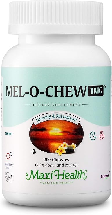 Maxi Health 1mg Melatonin Chewables Adults & Kids Melatonin to Encourage Natural Sleep Non-Habit Forming Kosher Sleep Supplement with Enzymax for Fast-Acting Support (200 Units)