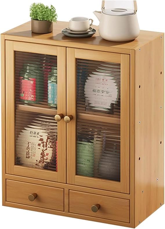 Bamboo Sideboard With Storage Kitchen Display Cabinet,with 2 Doors And 2 Drawers,Counter Top Locker,for Bathroom,Office Organization Box For Kitchen(Size:Natural wood color,Color:Style A)