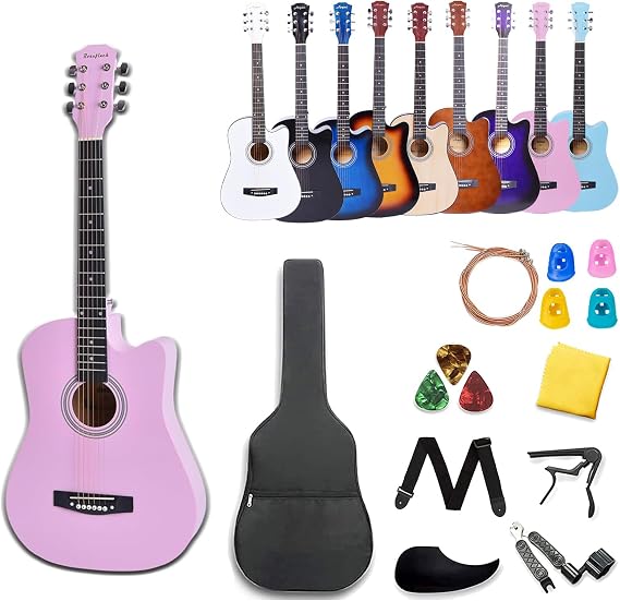 Rosefinch 38 inch Acoustic Beginner Guitar 3/4 Size Basswood Glossy Folk Guitar Starter Kits W/Bag Picks Capo Strap Steel Strings 38 inch Pink