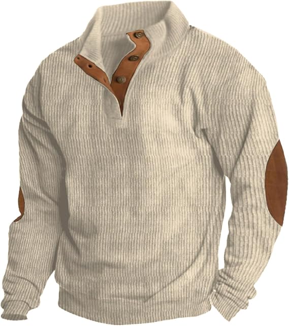 EELHOE Mens Corduroy Shirt Lapel Collar Button Up Pullover Mock Neck Long Sleeve Sweaters Polo Sweatshirts with Elbow Patches
