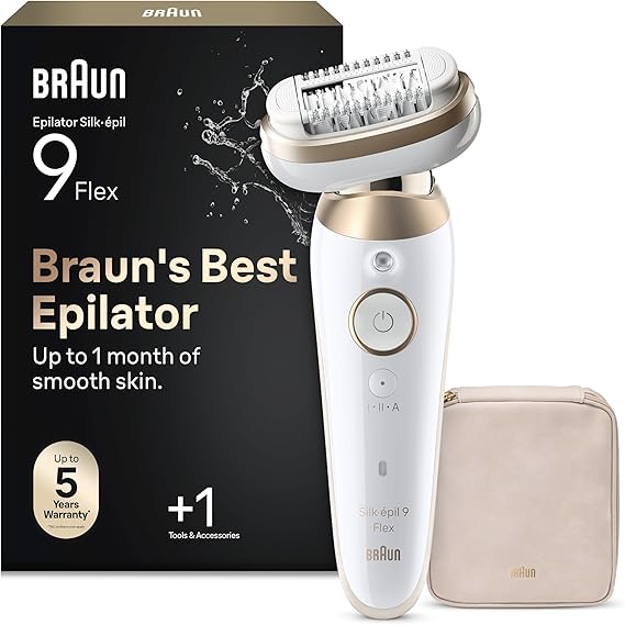 Braun Silk·épil 9 Flex, Epilator with 360° Flexible Head for Easy Hair Removal, Wet & Dry, Lasting Smooth Skin, Includes Shaver Head and Trimmer Comb, 9-030 3D, Gold