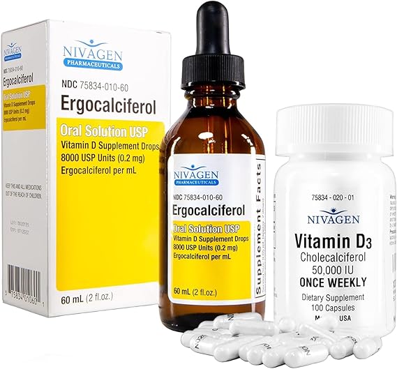 Nivagen Vitamin D2 Liquid Drops (Ergocalciferol) 400 IU - 60ml (8,000 USP, 1,200 Servings) + Vitamin D3 50,000 IU Capsules (100 Count)