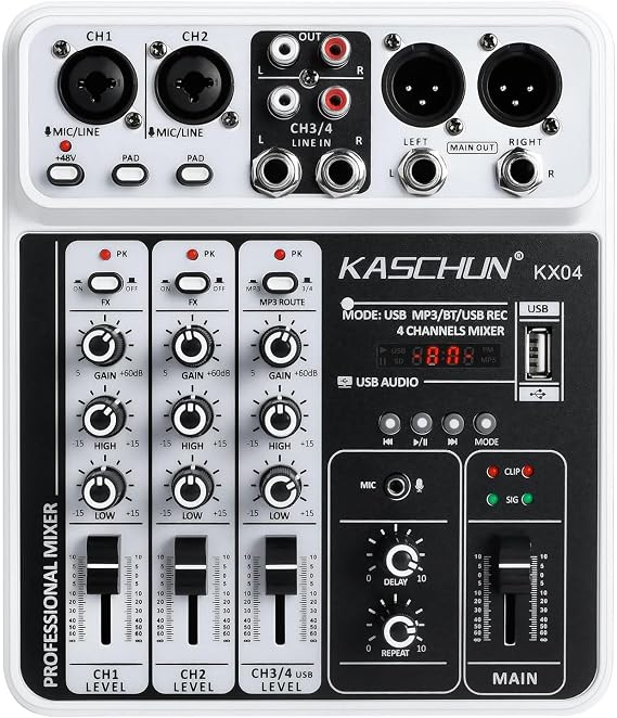 4-Channel DJ Audio Mixer, Bluetooth Sound Board with USB MP3 Input