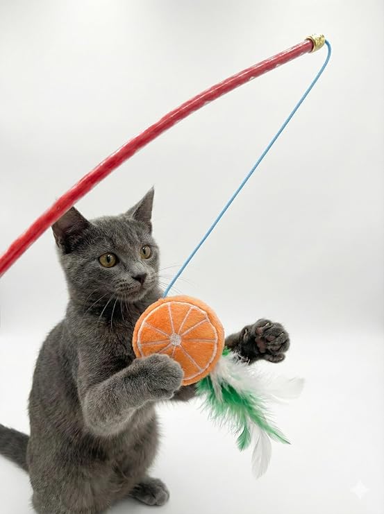İKONİXPET Kedi Oltası - Tüylü ve Zilli İnteraktif Kedi Oyuncağı - Avcılık İçgüdüsü Destekleyen Peluş Portakal Uçlu Kedi Oynatma Sopası ve Egzersiz Oyuncağı