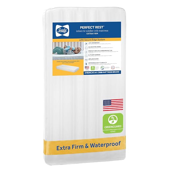 Sealy Baby Perfect Rest Waterproof Crib Mattress plus Toddler Bed Fit, Premium 150 Extra Firm Coils, Non Toxic, Airy Cushioning, GREENGUARD Gold Certified, Safety & Quality Tested, Made in USA, 52X28"