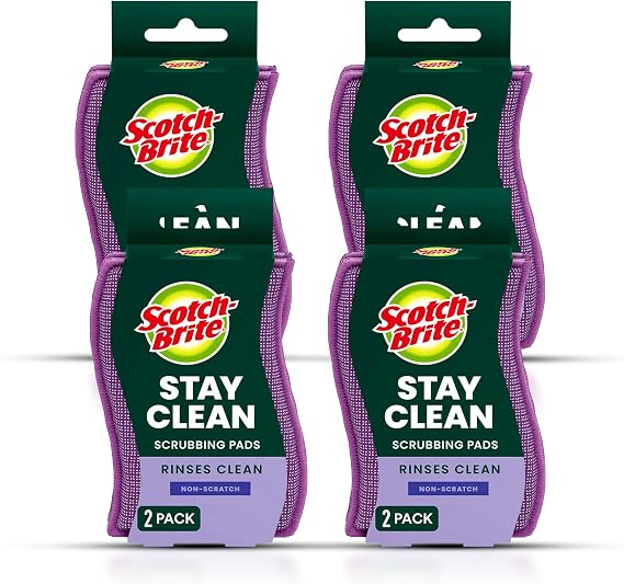 Scotch-Brite Clean & Rinse Non-Scratch Scrub Sponges Dual-Sided Scrubber with Cloth Side for Wiping, Rinses Clean 8 Sponges (4 Packs of 2) for Dishes, Countertops, Appliances & More