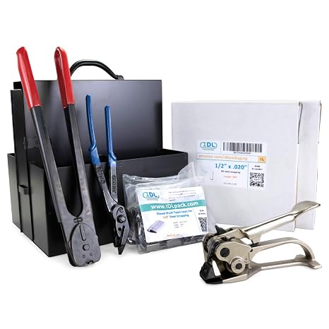 IDL Packaging Round Packages Strapping Kit for 1/2" x 400' Steel Strapping, 1100 lbs Break Strength Packaging Strapping Solution for Pipes Enough Strapping and Seals for 200 Uses Before Refill