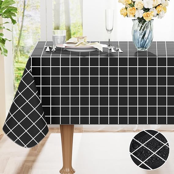 Rectangle Table Cloth, Waterproof Vinyl Tablecloths with Flannel Backing, Wipeable Plastic Plaid Table Cover for Dining, Picnic, Indoor and Outdoor (60" x 120", Black)