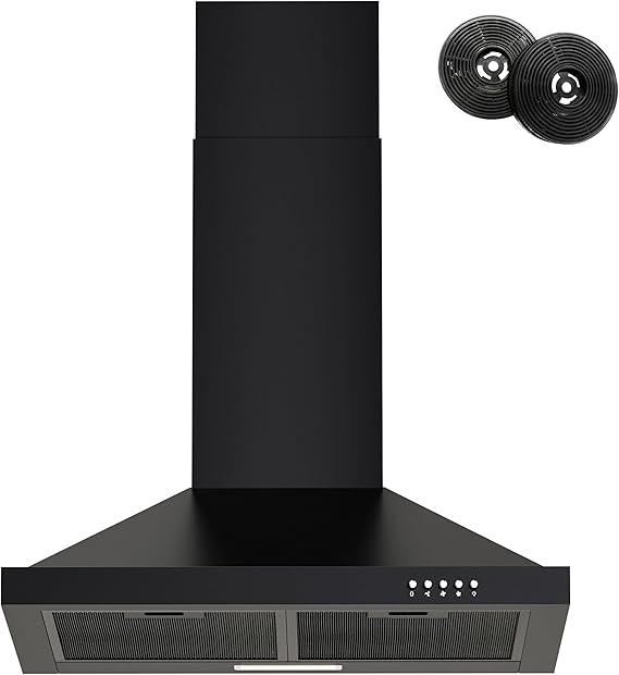 FIREGAS Range Hood 24 inch Wall Mount Type with Ducted/Ductless Convertible,450 CFM Stainless Steel Chimney-Style Kitchen Hood, Over Stove Vent Hood with 3 Speed Fan,Charcoal Filters,Black