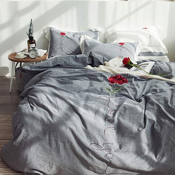 Bed Linen Double Duvet Set Washed Cover BTwin Quilt 220240cm Flat Sheet Pillowcases 4 Pieces Soft (Pink King) (Gray Full) (Grey