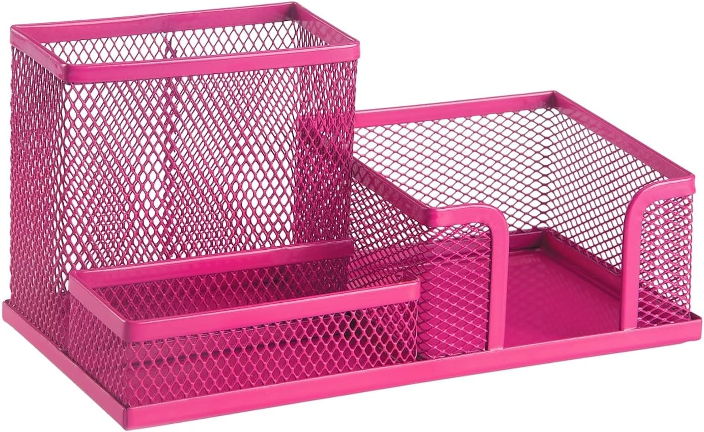 Leviatan Desk Organizer | Metal Desk Organizer | Office Pen Holder | Desk Organizer with Mesh Note Holder | 205 x 103 x 98 mm | Pink