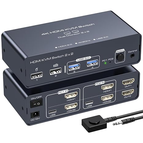 KVM Switch 2 Monitors 2 Computers 4K60Hz EDID Dual Monitor KVM Sharing 4 USB Devices with Desktop Controller