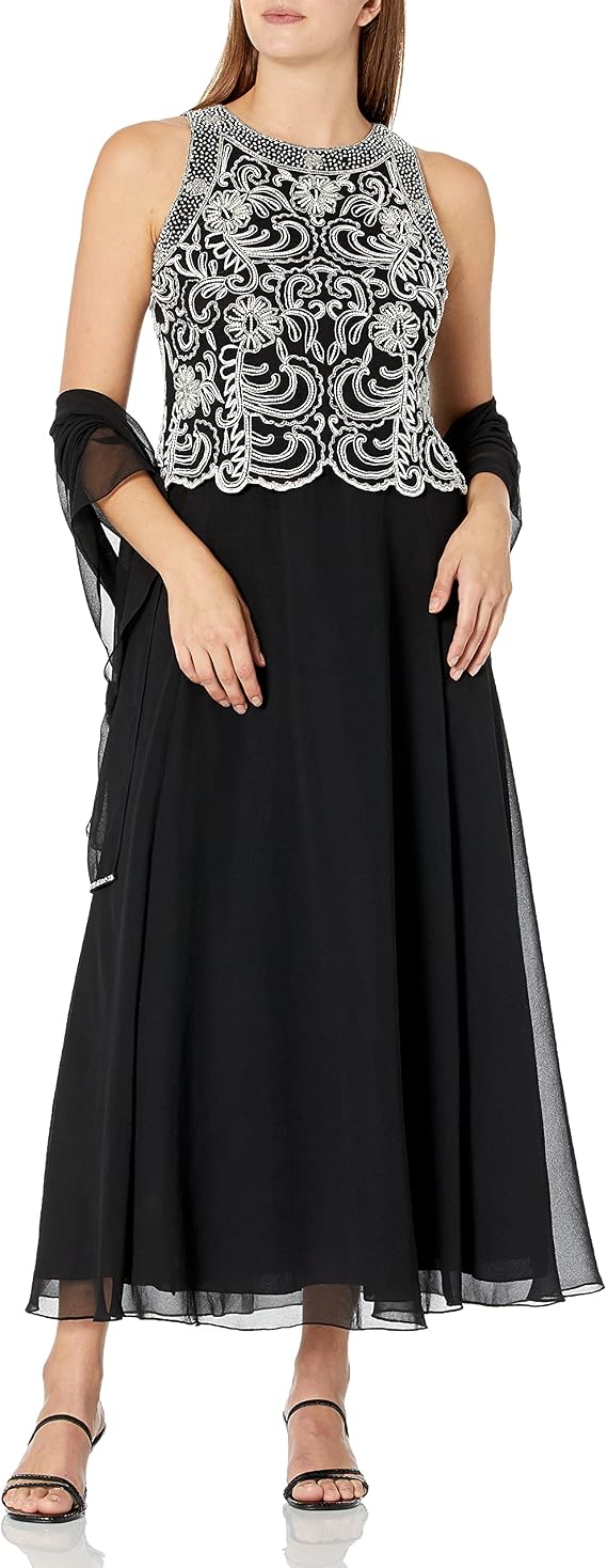 J Kara Women's Sleeveless Scallop Long Beaded Dress with Scarf