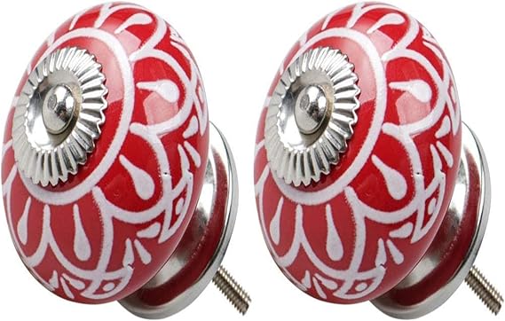 Ceramic Cabinet knobs, Ceramic Door knobs for cupboards, 2pcs Ceramic Knobs Vintage Knob Drawers Round Pull Handle Furniture Cupboard Wardrobe Dresser Door Decorative, Red