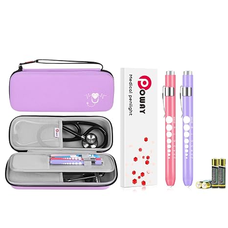 2 Pack Pen Lights and Purple Stethoscope Carrying Case for Nurses Student Doctors EMT