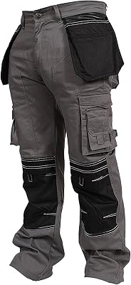 Mens Cargo Trousers Working Pants Cordura Knee Pockets, Grey, 38W x 34L