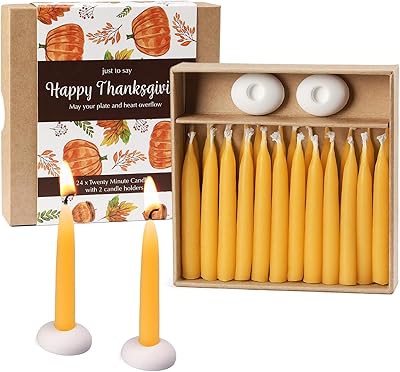 DEYBBY 20 Minute Beeswax Meditation Candles for Thanksgiving - 24pcs Mini Beeswax Taper Candle Gift Set with 3 Small Candle Holders