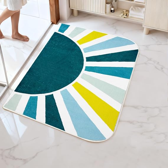 BLESWIN Bathroom Rugs Rainbow Sun, 24x36 Washable Absorbent Bath mat Non Slip, Soft Fluffy Bathroom Rug for Shower Floor Tub Toilet Bedroom Kids Room, Blue Green