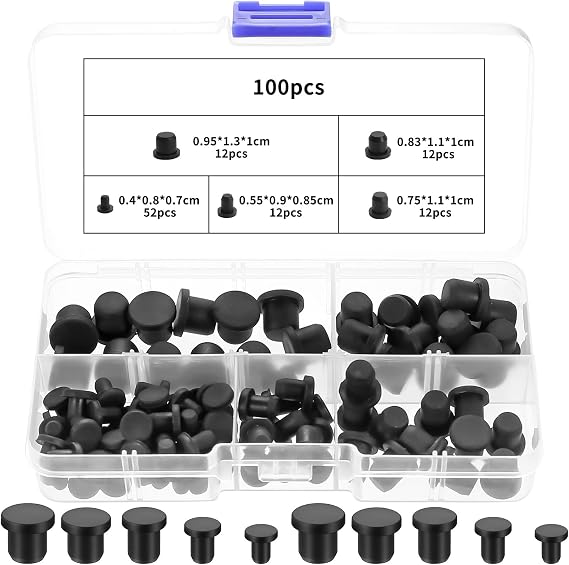 100 Pcs Black Silicone Hole Plugs, 4-9.5mm | Assorted black silicone plugs fit 4-9.5mm holes for sealing bottles, pipes, panels and small openings