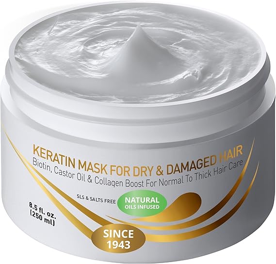 VITAMINS Hair Cosmetics Keratin Hair Mask for Damaged Locks - Deep Conditioner with Biotin, Castor &amp; Coconut Oil - Collagen Protein Treatment for Thick Coarse Hair Repair - 250 ML | Deep Conditioning Repair For Normal, Dry Damaged Hair with Biotin, Collagen &amp; Castor Oil, Repairs Split Ends &amp; Restores Shine