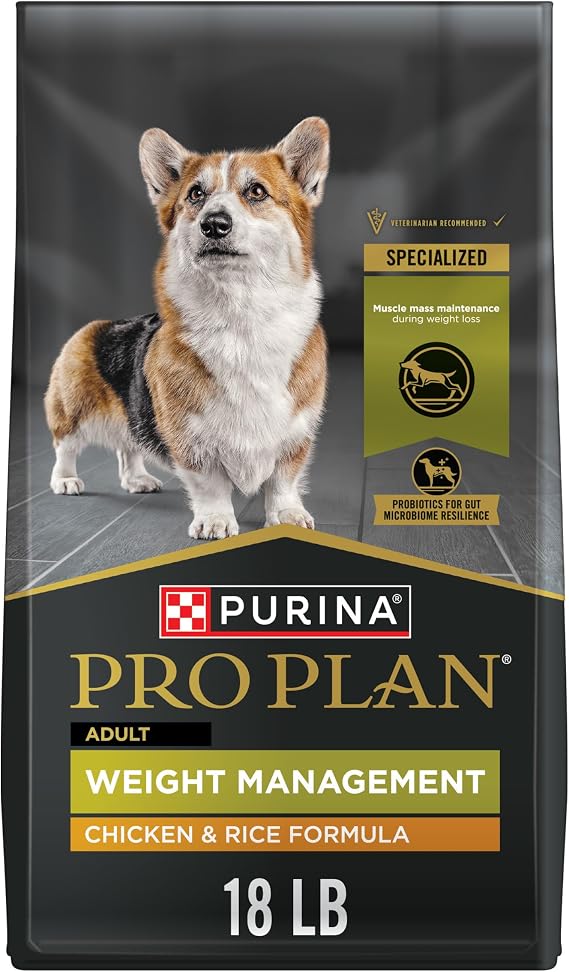 Purina Pro Plan Weight Management Dry Dog Food, Chicken & Rice, 18 lb Bag | High-protein formula, helps maintain muscle mass, healthy weight dog food with live probiotics for dogs