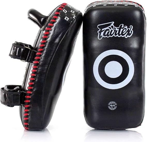 Fairtex KPLS2 Muay Thai Kick Pads, Genuine Leather Curved Boxing Shield | Premium cowhide construction with forearm support. Ergonomic grip with padded wrist straps protects trainers holding jabs