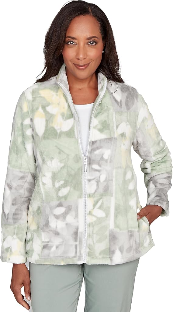 Alfred Dunner Women's Petite Leaf Patchwork Cozy Knit Jacket, Size PM, Sage Multi