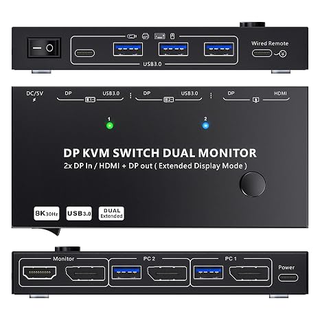 KVM Switch 2 Monitors 2 Computers DisplayPort, MST Smart Chip Dual Monitor KVM Switches Ensure 1 DP Connection Achive 2 Monitors Display, A Supper Stable and Convenient KVM Switcher