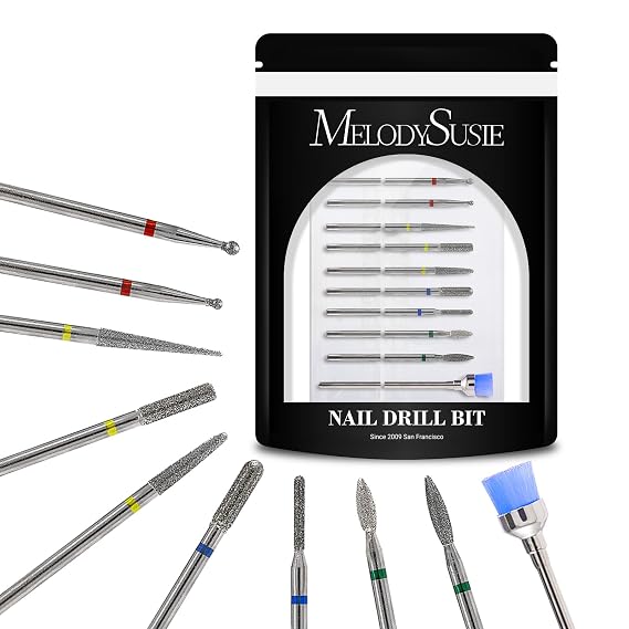 MelodySusie 10pcs Nail Drill Bits Diamond Cuticle Set Silver | 3/32''for Nail Drill Efile,Two-Way Rotation,Acrylic Nails Poly Gel Cuticle Remove,Manicure Pedicure Tools