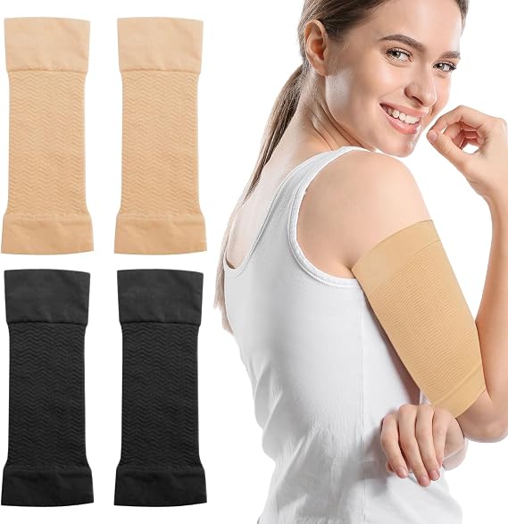 Compression Sleeve Arm, 2 Pair Arm Compression Sleeves for Women, Arm Sleeves, Arm Support for Lymphedema,Varicose Veins,Swelling, Arminjury,Do Yoga, Exerci, Sports(Black, Flesh Color)