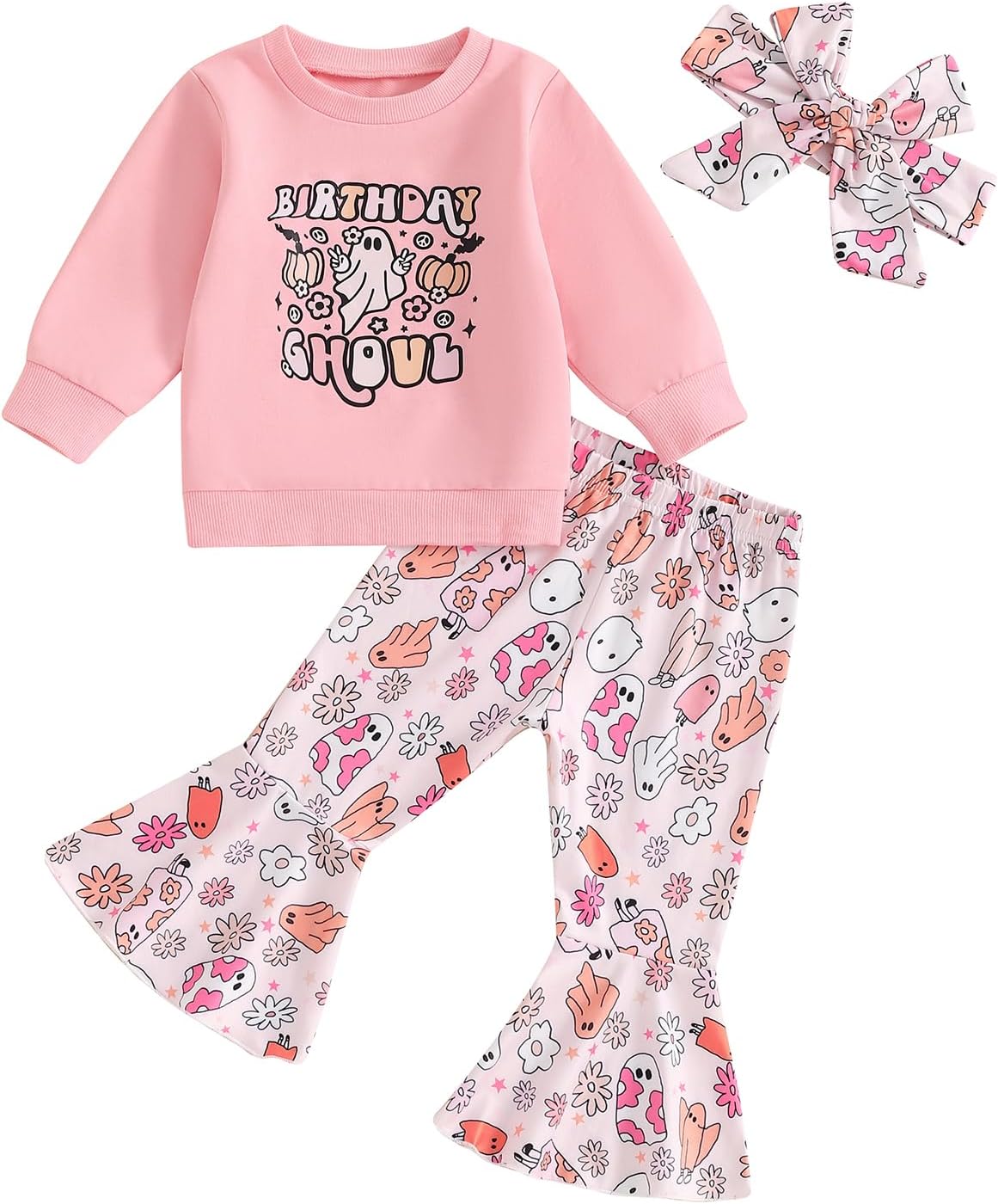 Toddler Baby Girl Halloween Bell Bottom Outfits Long Sleeve Sweatshirt Flare Pants With Bow 3Pcs Fall Winter Clothes