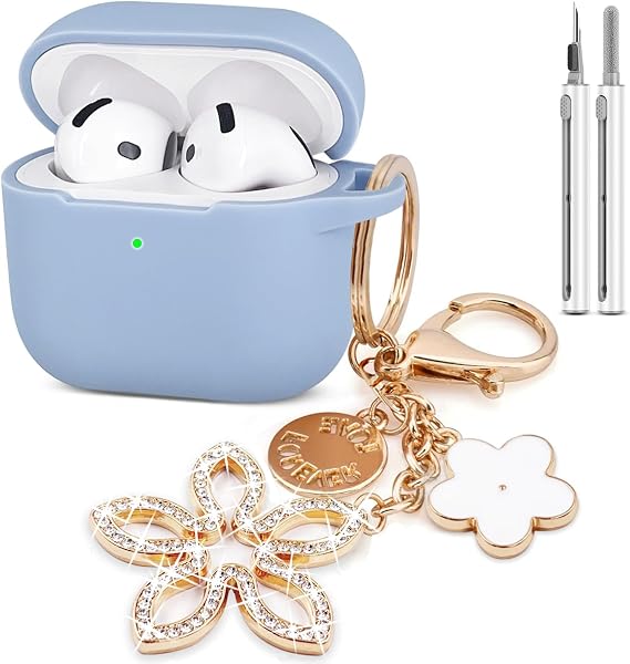 Compatible with AirPods 4 Case Cover, Silicone Protective Case for Airpod 4 with Bling Keychain, Case Cover for Apple AirPods 4th Generation Wireless Earbuds with Cleaner Kit (Sky Blue)
