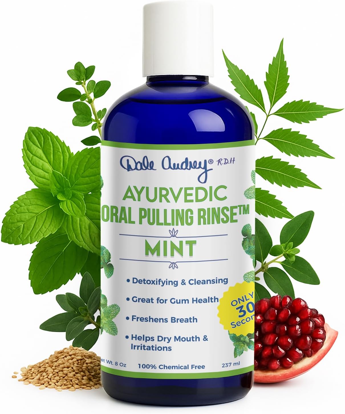 Ayurvedic Oral Pulling Rinse By Dale Audrey, MINT ,With Neem, Myrrh, Clove & Oil of Oregano. 8oz 1.5 Month-1tsp Natural & Organic MINT