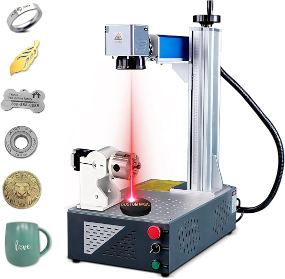 30W MAX Fiber Laser Engraver for Metal, Stainless Steel,Ring,Tumbler Fiber Laser Engraving Machine, 150 x 150mm Lens with 69mm Rotary Axis Laser Etching Machine, 110V