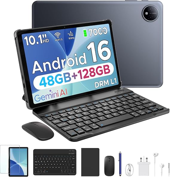 P10 10.1 inch Tablet, 48GB+128GB/TF 2TB, Android 16 Tablet with Gemini AI, 7000mAh, Unisoc T310 Quad-Core, 90Hz, 8MP+5MP, Dual Speakers, 3.5mm Headphone jack, Tablet with Keyboard, Pen, Case, Gray