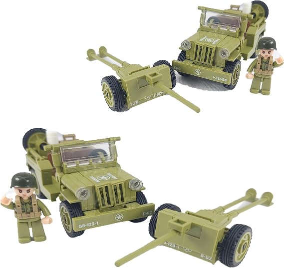 General Jim's WW2 US Army 4x4 Vehicle & Artillery Set Army Green Military Trucks with Tow Cannons, 2 Figures & Custom Weapons Brick Building Set for All Building Levels Compatible with Major Brands