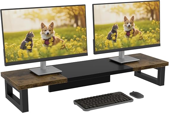 Dual Monitor Stand Riser – 91x26cm Desk Shelf for 2 Screens Rustic