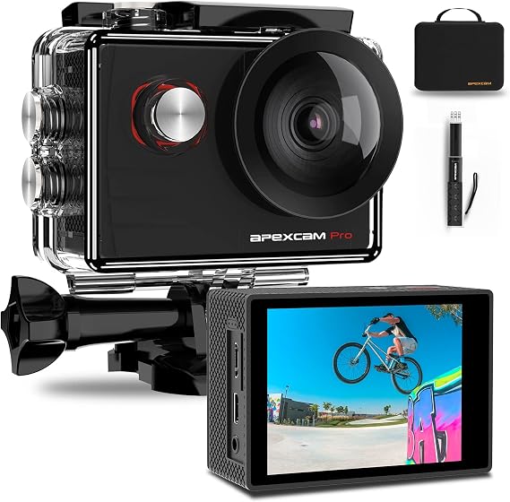 Apexcam M90 Pro EIS Action Camera 4K 20MP WIFI for Sports 170°Wide-Angle 40M Waterproof with Remote Control Selfie Stick 2 Rechargeable Batteries and Accessories Kit