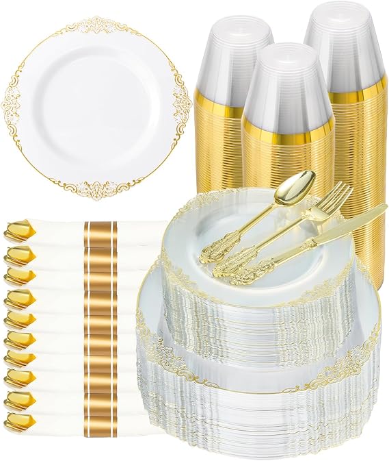 Goodluck 350 Piece Clear Gold Plastic Dinnerware Set for 50 Guests
