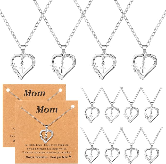 Liliaafar 12 Set Mothers Day Necklace Gift Christian Faith Necklace with Cards for Women Bulk Heart Cross Gifts Birthday Gifts for Mom Wife from Daughter Son