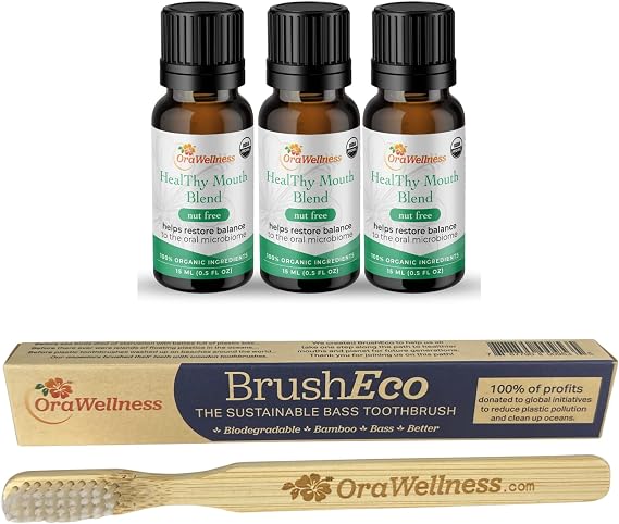 OraWellness Nut Free Healthy Mouth Blend Tooth Oil 3 Pack + BrushEco Bamboo Toothbrush with 4 Rows
