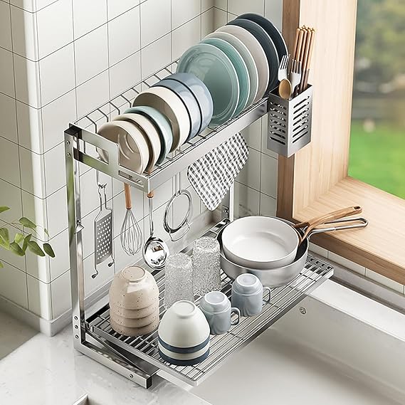 Dish Drying Rack 2 Tier Stainless Steel Bowl Plate Dish Drainer Drying Rack with Cutlery Holder, Space-Saving, forKitchen Storage & Organization