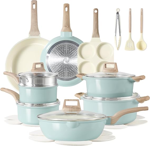 CAROTE 21pcs Ceramic Cookware Sets, Pots and Pans Set Blue | Non-Toxic, Healthy Kitchen set, Induction Compatible, Easy Clean, Even Heating, PFAS FREE