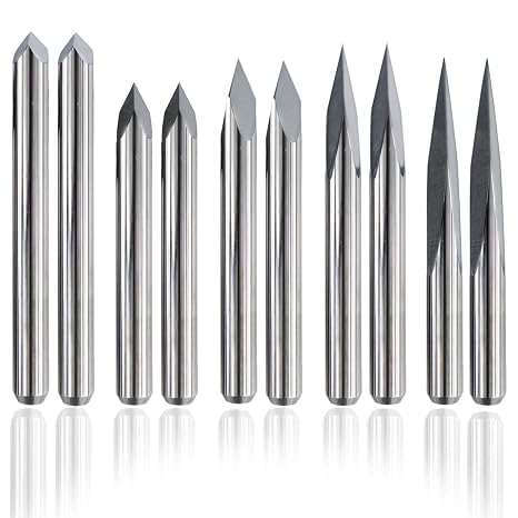 10pcs CNC Router V Bits, 3 Edge Pyramid Engraving, 1/8" Shank CNC 3D Milling Cutter| 20/30/45/60/90 Degrees, 0.1mm Tip