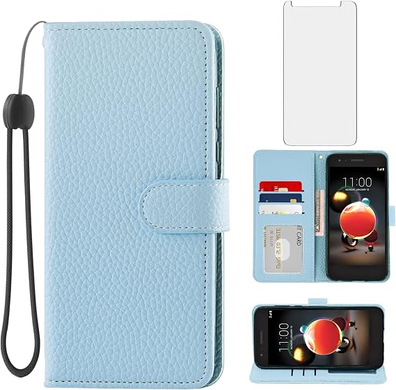Asuwish Phone Case for LG Aristo 2 3 Plus/Rebel 4 LTE/Tribute Empire Dynasty/Zone 4/K8 Plus 2018 K8S/Fortune 2/Phonenix 4/Risio 3 with Screen Protector and Wallet Cover Aristo3+ Astro 2+ 3+ K8+ Blue