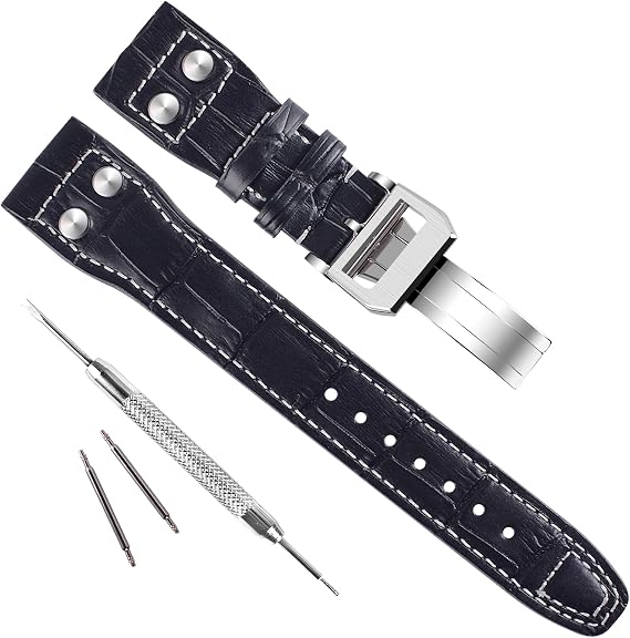 22mm Genuine Leather Watch Strap Band for IWC Pilot Watch Silver Buckle/Black